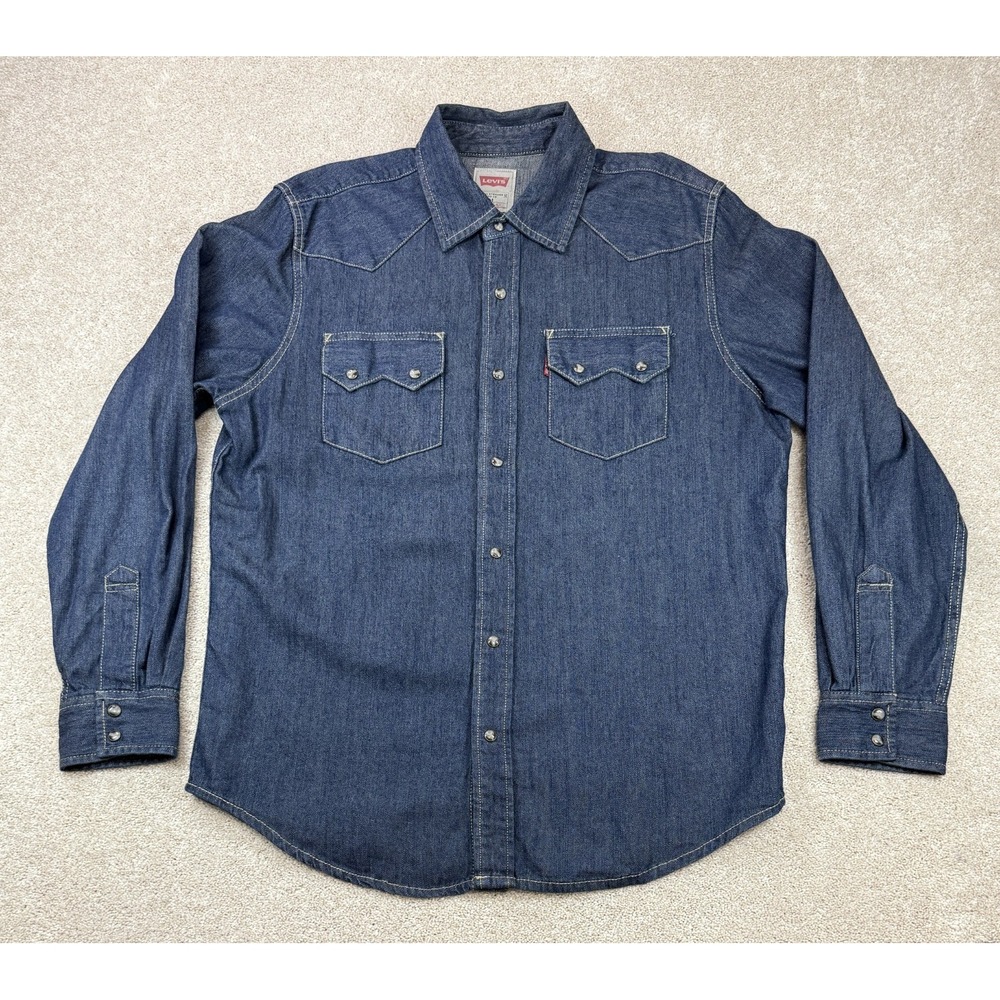 Levis Denim Western Shirt Men's M Blue Pearl Snap Rodeo Cowboy Sawtooth Red Tab
